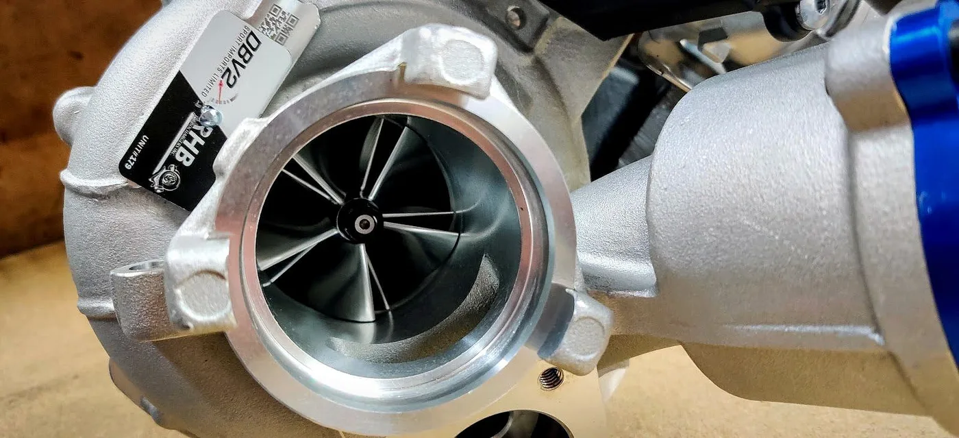 A billet compressor wheel inside a rebuilt turbocharger